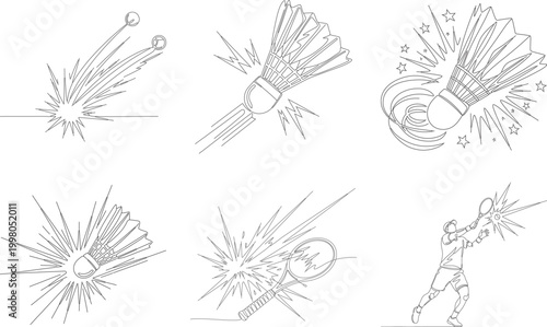 Detailed single line sketches of badminton shuttlecocks with motion lines alongside tennis players and explosive racquet strike icons.