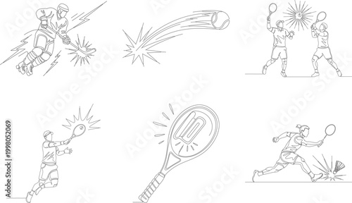 Sporting activity set with ice hockey player hitting puck plus tennis matches and badminton actions in continuous line drawing style.