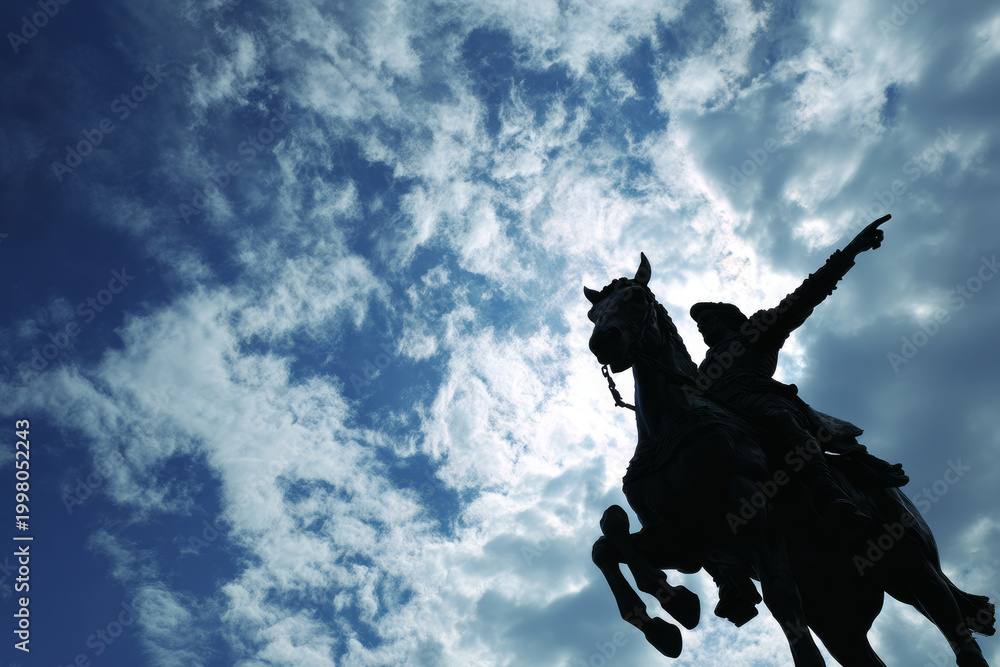 Fototapeta premium Silhouette of equestrian statue against cloudy sky