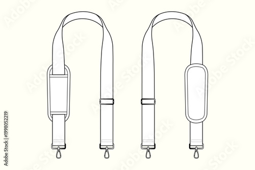 Dual Pad Adjustable Shoulder Strap with Clip Hooks Technical Flat Sketch CAD Outline