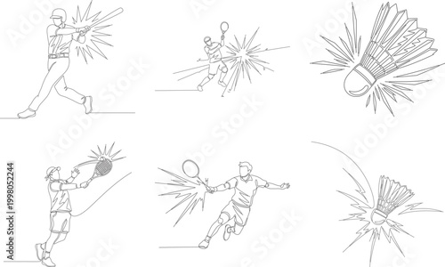 Continuous line art illustration of baseball batter tennis player smash and badminton shuttlecock flight for sports graphic design set.