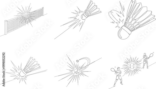 Badminton court elements outline drawing collection. shuttlecock outline drawing. badminton net and players outline drawing collection.