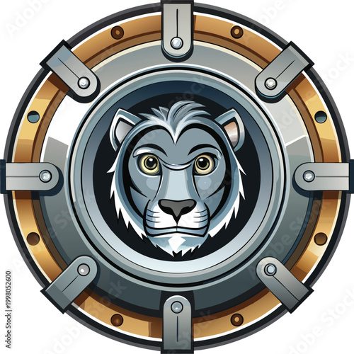 3D metallic lion head emblem with industrial bolts and gear Wildlife Protection Initiatives Design, Ideal for Sustainable Marketing Materials and Environmental Awareness Projects