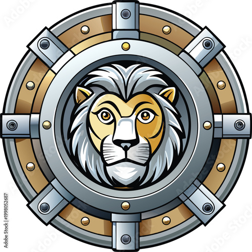 Vintage Steel Gear Emblem with Majestic Lion Head Symbolizing Strength and Protection for Wildlife Protection Initiatives and Eco-Conscious Environmental Awareness Content