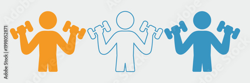 Dumbbell exercise icon, colorful weightlifting people, fitness workout graphics, strength training symbols, vector illustration