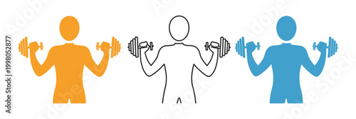 Dumbbell exercise icon, colorful people lifting weights, fitness workout symbols, strength training concept, gym vector illustration