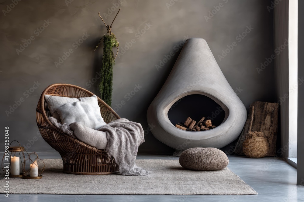 Fototapeta premium Cozy, minimalist living room featuring a wicker chair, concrete fireplace, and soft natural decor