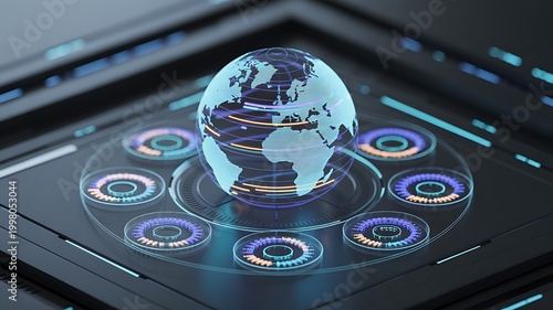 Digital earth globe spinning on interactive futuristic platform with glowing circles.