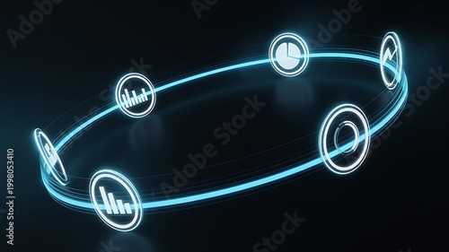 Futuristic ring of icons with charts and data representing analytics.