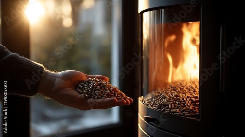 Person holding wood pellets for a biomass fireplace stove.
