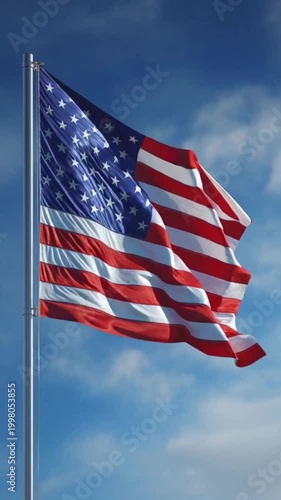 American flag waving in clear blue sky with patriotic pride and freedom symbolism