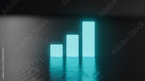 Glowing bar graph showing upward trend on dark reflective surface with teal light.