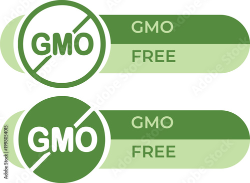 GMO free labels in green vector format, non-GMO food certification badges, organic product stickers for healthy packaging design