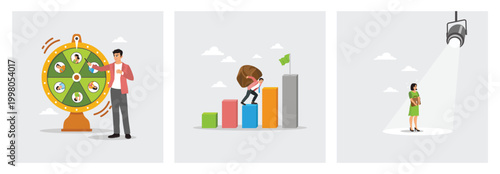 Picking Candidate by Lucky Draw Wheel. Struggles Carry Heavy Boulder. Woman Standing in Spotlight.