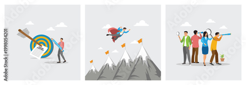 Writing Mission Statement on Target. Superhero Businessman Flies Over Mountain. Looking for Future.