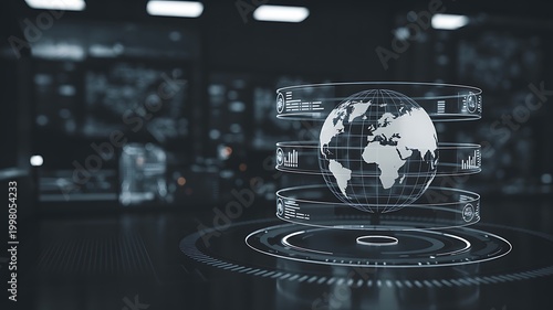 Interactive holographic globe projection displaying global data and financial analytics.