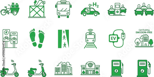 Green icons illustrate various eco-friendly transportation options and emission-free solutions for a sustainable future 
