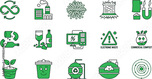 Green icons illustrate eco-friendly practices and sustainable living concepts on white background 