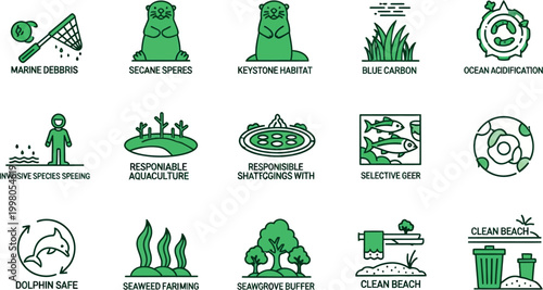 Illustration of various eco-friendly ocean conservation icons on clean beach 
