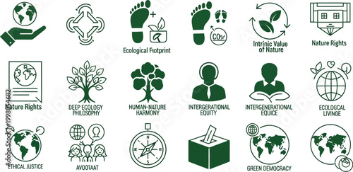 The  illustration shows various eco-friendly and nature-related icons and symbols.