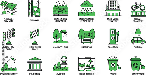 Sustainable city features illustrated in green icons including ecofriendly transportation and energy solutions .