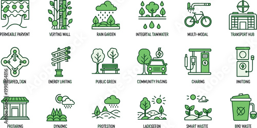 Sustainable city features illustrated in green icons on white background.