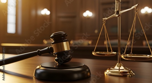 Close-up of gavel on judge desk, symbolizing court trial, justice and legal decisions in courtroom
