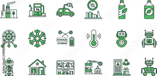 Sustainable icons depict eco-friendly technology and green innovations in various industries and daily life.