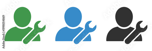 Repair wrench icon, colorful people graphics, maintenance service symbols, technician support concept, vector illustration
