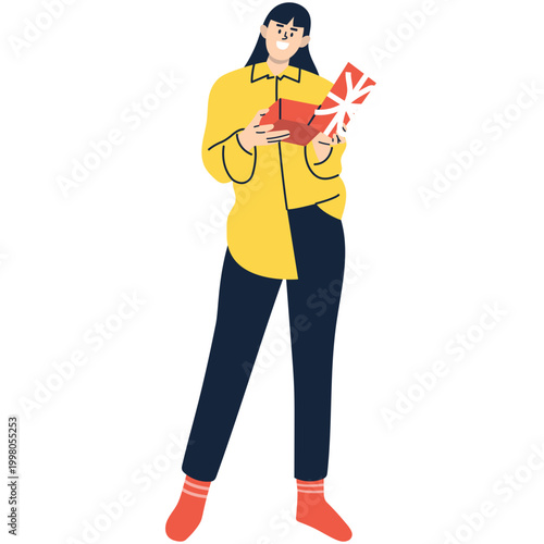 Illustration of a Person Holding a Gift. Vector Character