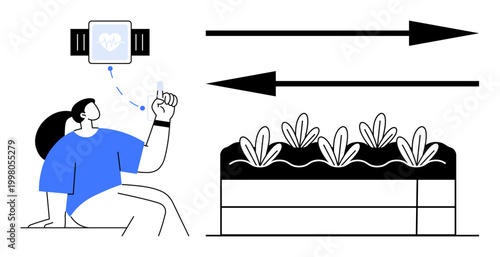 Health monitoring, wearable technology, sustainability, agriculture, data sharing, innovation. A person wearing a smartwatch displays health data next to crop visuals. Health monitoring