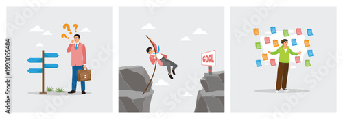 Confused Businessman Choosing Direction. Swinging Across Gap Toward Goal. Overwhelmed Sticky Notes.