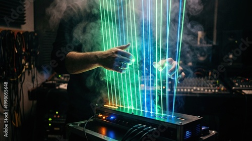 Musician playing a laser harp instrument in a dark studio with smoke and vibrant green and blue light beams