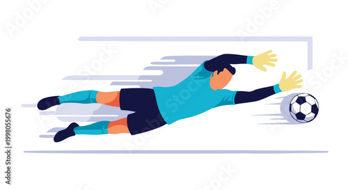 Illustration of a goalkeeper diving to save the ball, dynamic sports moment in flat vector style.