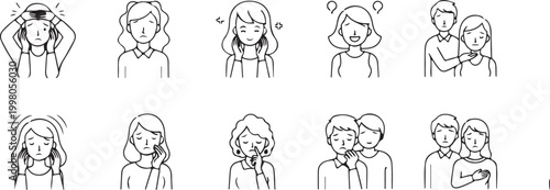 Minimalist line icons of people expressing emotions, feelings, and relationships