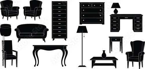 Black and white silhouette furniture collection featuring armchairs, sofas, dressers, lamps, desks, tables, and interior design icons for home decoration projects and creative graphic design.