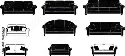 Schilderij op canvas Black silhouette collection of modern and classic sofa designs showing various s