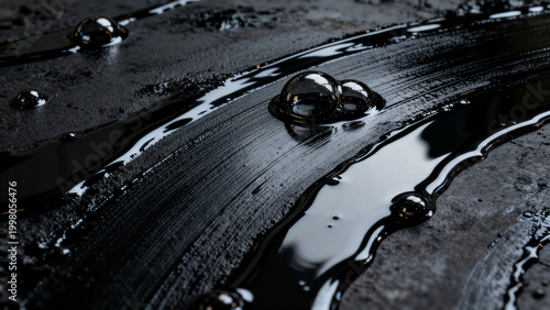 Abstract dark background of glossy black petroleum liquid texture with viscous bubbles.