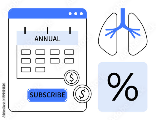 Health plans, subscription services, cost analysis, lung health awareness, finance management, medical subscriptions. Annual calendar, lungs icon percentage and coins. Health plans