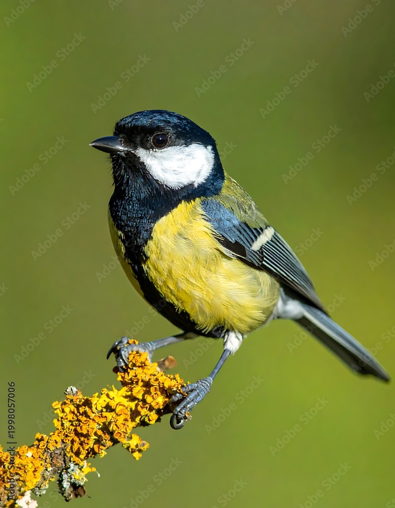 Fototapeta premium A small bird perched on a branch with yellow flowers