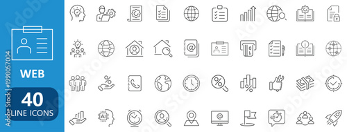 Modern web and business line icons set with communication, finance, technology, marketing, user interface and office symbols collection minimal outline vector pack