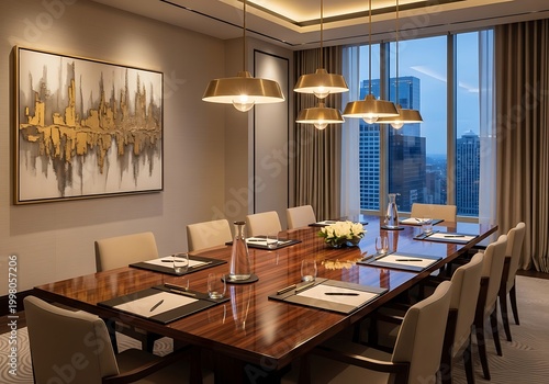 Elegant conference room with modern art and cityscape views at daytime
