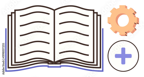 Education, digital tools, process management, knowledge sharing, customization, innovation. Open book, settings gear and a plus symbol. Education and digital tools conceptual design