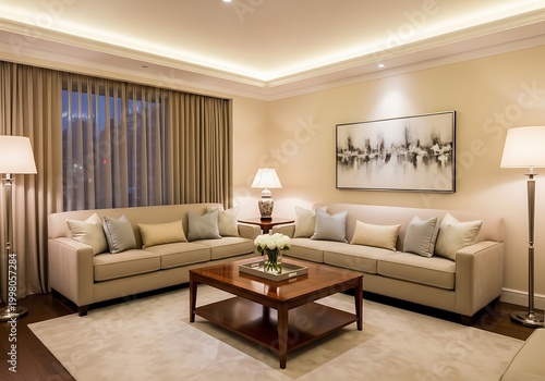Elegant living room interior with sofas coffee table and artistic decor