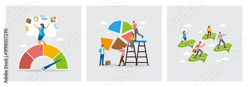 Businesswoman Handle Multitasks Job. Building Colorful Pie Chart. Rides on Floating Money.