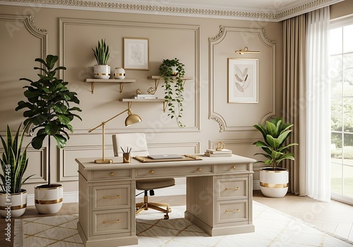 Elegant office interior with desk plants and natural light for workspace