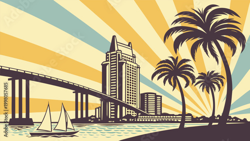 San Diego skyline silhouette with palm trees and bridge