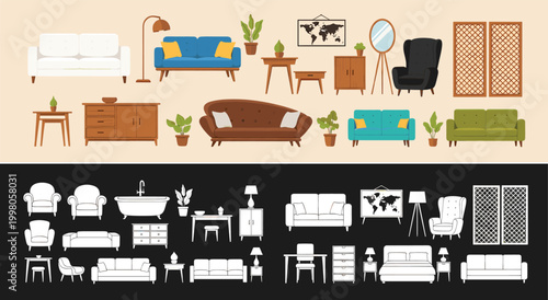 Home interior and decor icon set featuring black silhouettes of armchairs dressers cabinets tables floor fans clocks and potted plants isolated on white.