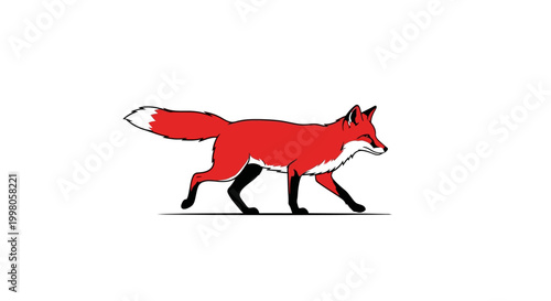 Red Fox Walking Isolated on White Background, Side View Illustration