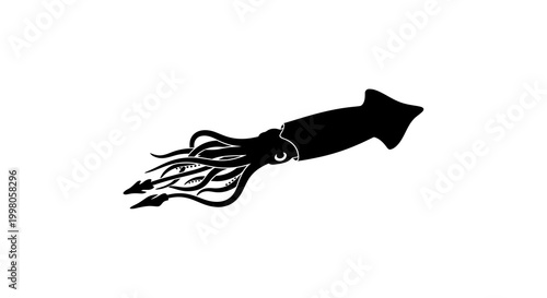 Silhouette of a squid swimming in dark ocean water, vector illustration